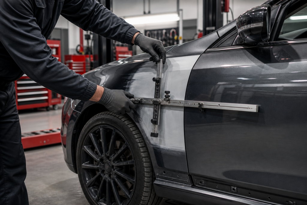 Technician measuring and aligning an auto body panel during collision repair in Antioch, Illinois