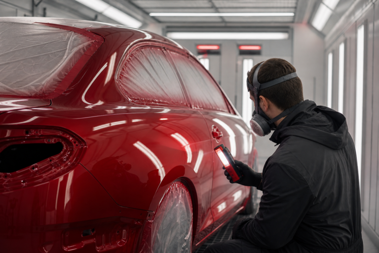 Technician inspecting a freshly refinished vehicle panel at Carbon Collision Repair in Antioch, Illinois