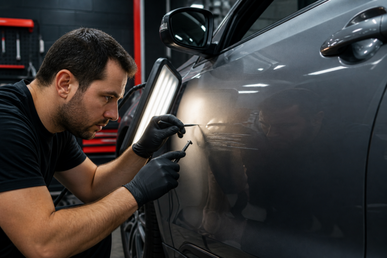 Technician inspecting and repairing a dent and scratches on a vehicle door