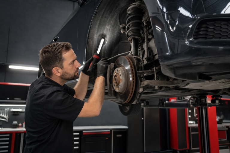 Technician inspecting a vehicle suspension and brake assembly during light mechanical repair