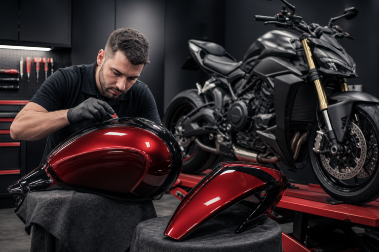 Technician refinishing a motorcycle fuel tank and body panels in an Antioch repair shop