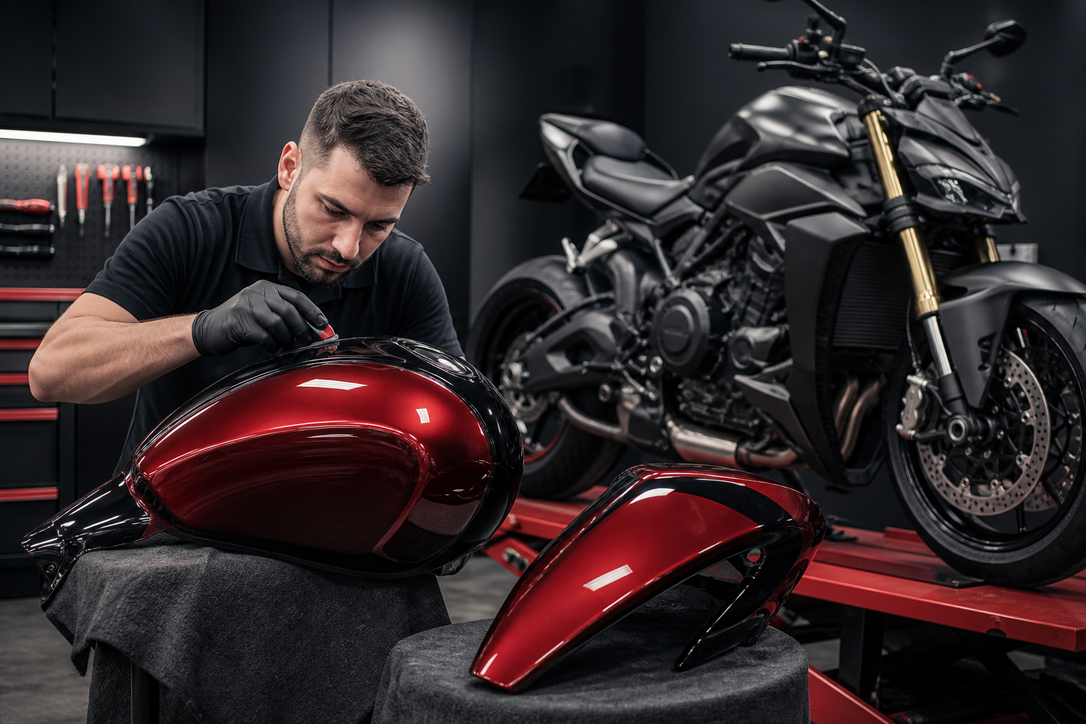 Technician refinishing motorcycle body panels and a fuel tank