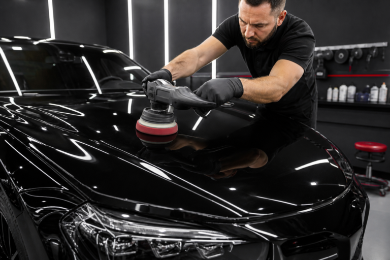 Technician machine polishing a black vehicle during professional paint correction