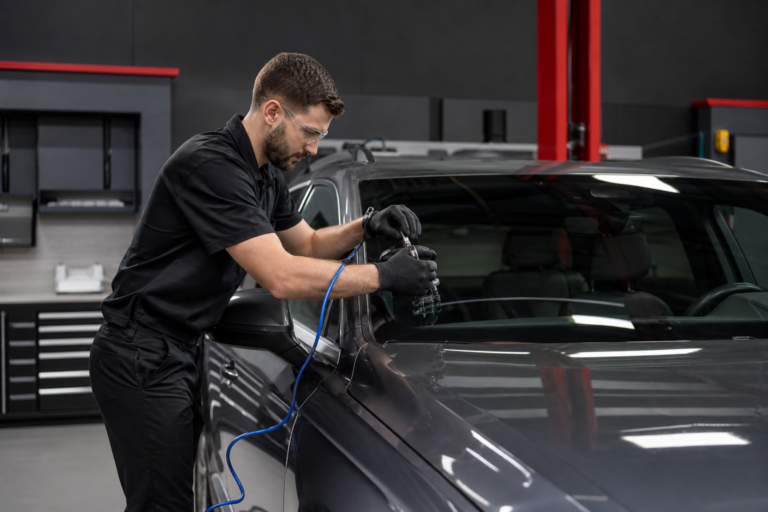 Technician repairing a windshield in a collision repair shop in Antioch, Illinois