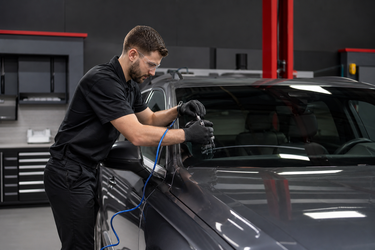 Technician repairing a windshield in an Antioch collision repair shop